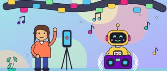 Девушка машет рукой в камеру смартфона на штативе, рядом улыбающийся жёлтый робот держит фиолетовый магнитофон со звуковыми волнами, вокруг летают музыкальные ноты, сверху тянется лента киноплёнки с цветными кадрами