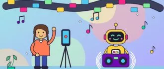 Девушка машет рукой в камеру смартфона на штативе, рядом улыбающийся жёлтый робот держит фиолетовый магнитофон со звуковыми волнами, вокруг летают музыкальные ноты, сверху тянется лента киноплёнки с цветными кадрами