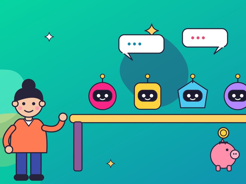 Девушка выбирает помощника среди четырёх разноцветных роботов на витрине, рядом подарочная коробка и копилка
