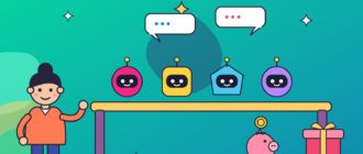 Девушка выбирает помощника среди четырёх разноцветных роботов на витрине, рядом подарочная коробка и копилка