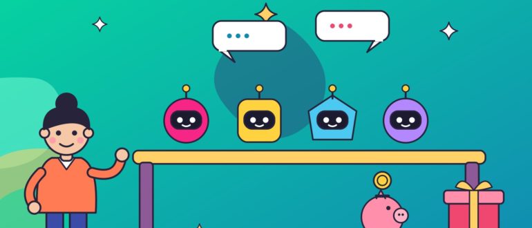 Девушка выбирает помощника среди четырёх разноцветных роботов на витрине, рядом подарочная коробка и копилка